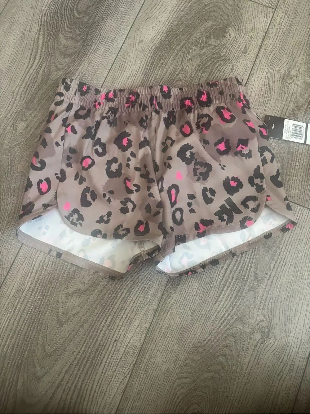Adidas girls Leopard Print Running Shorts - Taupe with Black & Pink Accents